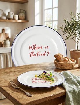 Piatto in ceramica con scritta Where is The Food? - blu