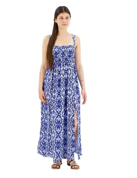 Robe Longue Sans Manches Tie Back Tile Print Blue L