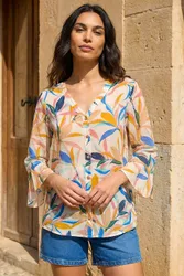 Womens Leaf Print Flare Sleeve Blouse - Blue - Size 16 Uk
