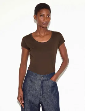 Pure Cotton Scoop Neck T-Shirt Dark Brown female - Jigsaw - FashionsVida