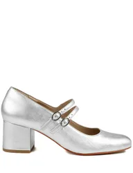 Leather Metallic Block Heel Shoes Silver female