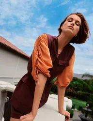 V-Neck Shirred Button Through Blouse Orange female