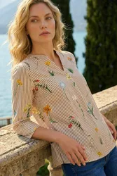 Womens Floral Stripe Pleated Top - Camel - Size 20 Uk