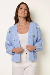 Women's Blue Long Sleeve Slip On V-neck Cardigan Sweater in Baby Blue Size: Medium/Large - Baby Blue - Size: M/L
