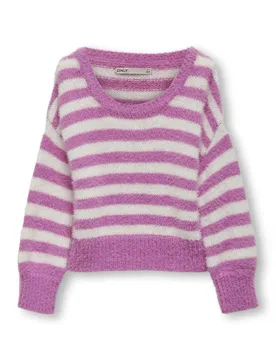 Maglia relaxed in punto pelliccia a fantasia rigata rosa e bianca con maniche bishop - Only - FashionsVida