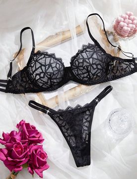 Set de lencería de 2 piezas con sujetador con aros transparente y encaje de color contrastante, y tanga para mujer