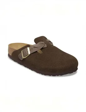 Sabot Boston in suede color moro con fascetta laterale intrecciata e fibbia in metallo - Birkenstock - FashionsVida