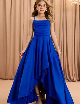 Vestido elegante y de lujo para niñas preadolescentes con tirantes finos, hombros cruzados, sin mangas, cintura alta, cintura ceñida, bajo acampanad