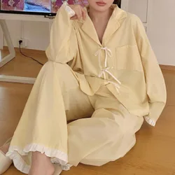 Conjunto de ropa de estar en casa con top de manga larga holgado con lazo y patchwork de unicolor en contraste & pantalones de pijama largos, primaver