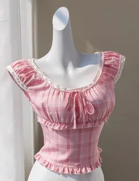 Lace Splicing Bow Strap Plaid Shirt Summer New Lace U-neck T-shirt - Aliexpress - FashionsVida