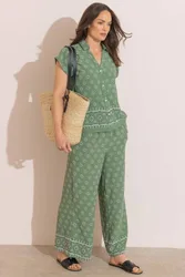 Printed Wide Leg Pull On Trousers - Khaki - Size: 10