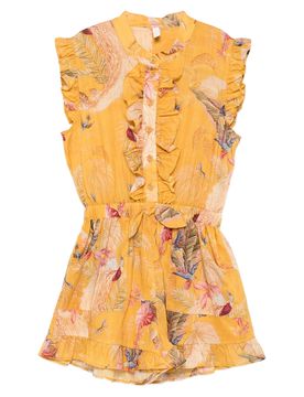 Mini Printed Drawstring Romper with Ruffle Details