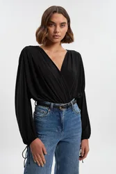 Womens Stretch Drapey Crepe Ruched Plunge Neck Batwing Sleeve Bodysuit - Black - Size Large