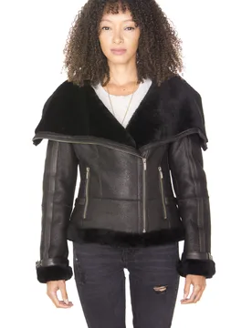 Womens Merino Sheepskin Aviator Jacket-Asmara - Black - Size 10 Uk - Infinity Leather - FashionsVida