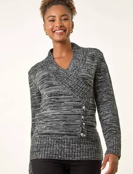 Women's Longline Buttoned Knit Jumper in Dark Grey Size: 16 - Dark Grey - Size: 16 - Roman - FashionsVida