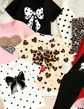Conjunto de camiseta corta y leggings con estampados de leopardo, corazón, lunares, lazo y cereza, de estilo casual y chic, con personalidad creativa - Shein - FashionsVida