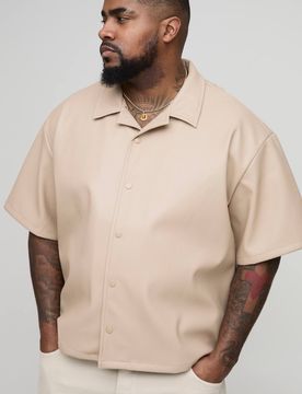 Herren Plus Plissiertes PU Kastenförmiges Oversized Hemd Stone Größe 2XL