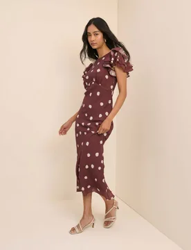 Polka Dot Round Neck Midaxi Tea Dress Brown female - Nobody's Child - FashionsVida