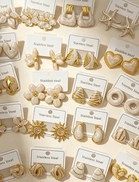 Piezas de pendientes de acero inoxidable blanco para mujeres - Joyería asimétrica con diseños geométricos, florales y de corazón, uso diario de v - Shein - FashionsVida