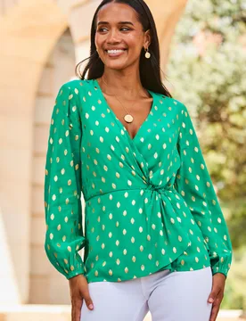 Womens Green Metallic Fleck Print Blouson Sleeve Knot Front Top - Size 10 Uk - Sosandar - FashionsVida