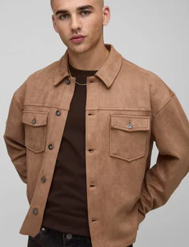 Men's Oversized Faux Suede Overshirt Tan Size Small Tan S - boohooMAN - FashionsVida