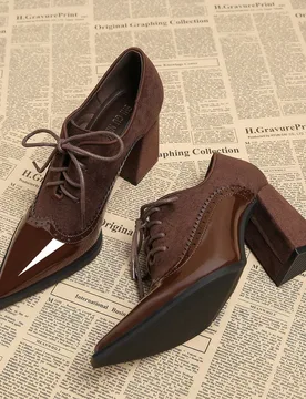 Primavera Nuevos tacones altos de punta fina, zapatos de mujer de moda minimalista elegante, marrón con cordones y tallado de flores tipo brogue, est - Shein - FashionsVida