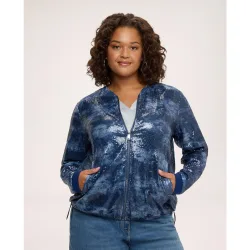 Sudadera de mujer abierta de tul con lentejuelas escote en v y cierre con cremallera central