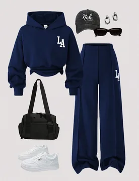 Conjunto de 2 piezas de sudadera con capucha y pantalones de punto de unicolor con estampado gráfico de letra en la parte delantera y hombros caídos - Shein - FashionsVida