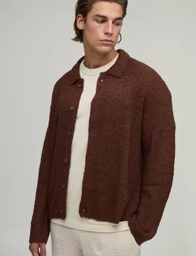 Men's Boxy Fit Brushed Knitted Shirt Chocolate Size Large Chocolate L - boohooMAN - FashionsVida
