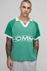Mens Relaxed Boxy Raglan Varsity Knitted Polo - Green - Size X-Large