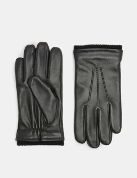 Leather Cuffed Gloves Black male - M&S - FashionsVida