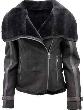 Women's Merino Sheepskin Aviator Leather Jacket-Asmara in Black Size: 16 - Black - Size: 16 - Infinity Leather - FashionsVida