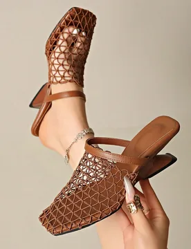 Zapatos de red vintage con diseño hueco, sandalias planas con tira delgada, punta puntiaguda y tacón grueso para mujer, zapatos de verano - Shein - FashionsVida