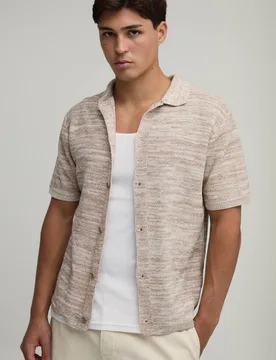Herren Normal Geschnittenes Meliertes Strickhemd Aus Baumwollmischung Taupe Größe 3XL - boohooMAN - FashionsVida