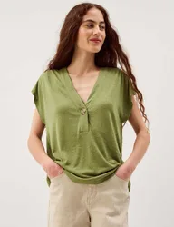 Linen Rich V-Neck Button Detail T-Shirt Khaki female