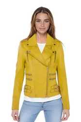 Leather Teal Brando Biker Jacket-Constantia - Yellow - Size: 18