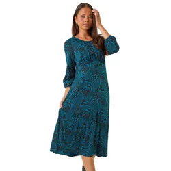 Womens Petite Abstract Swirl Midi Dress - Blue - Size 12 Uk