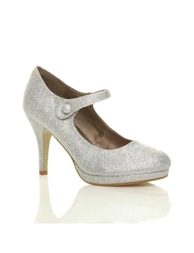 High Heel Mary Jane Court Shoes - Silver - Size: 5 - Ajvani - FashionsVida