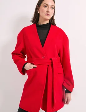 Principles by Wallis Collarless Belted Wrap Coat - Red - Size: 18 - Debenhams - FashionsVida