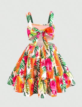 Vestido Lindo con Estampado Tropical, Cuello Halter, Espalda Descubierta y Corte Asimétrico, Adecuado para Verano y Vacaciones, para Niña Joven