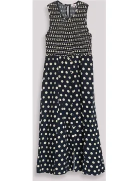 Vestido midi sin mangas con cuerpo fruncido y falda estampada - Niza - FashionsVida
