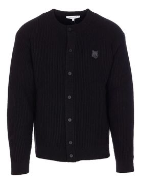 Maison Kitsuné Unisex Ribbed Wool Cardigan with Bold Fox Emblem
