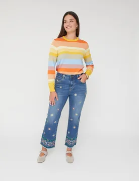 Vaqueros rectos de mujer denim cinco bolsillos con bordados - October - FashionsVida
