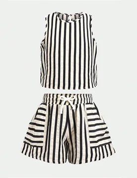 Conjunto de 2 piezas para niña preadolescente, top sin mangas con bolsillos y pantalones, estilo casual básico a rayas para uso diario en verano - Shein - FashionsVida