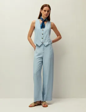 Pantalón de vestir de mujer fluido en tencel de efecto denim - System Action - FashionsVida