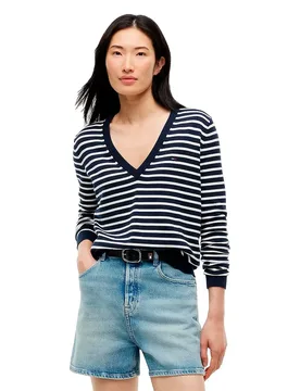 Pull à Col En V Dw0dw19888 Dark Night Navy / Stripe S - Tommy Jeans - FashionsVida