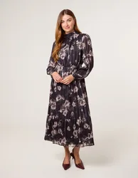 High Neck Floral Puffball Pleated Midi Dress - 18/20 / BLACK - female