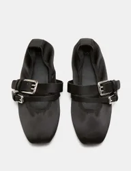 Satin Double Buckle Mary Jane Ballet Pumps Black Mix female