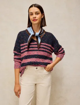 Textured Striped V-Neck Jumper with Wool Navy Mix female - White stuff - FashionsVida