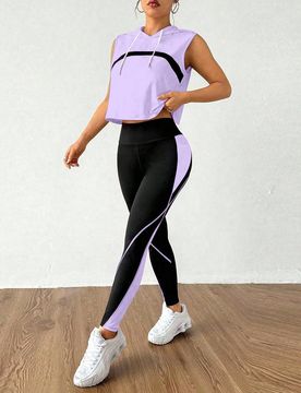 Conjunto deportivo de top con capucha sin mangas y pantalones de yoga ajustados para mujer